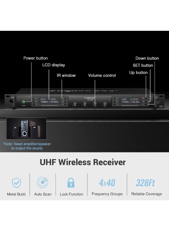 Phenyx Pro 4-Channel UHF Wireless Microphone System with 4 Bodypack Headset Lapel Mics Auto Scan Cordless Mic 328ft Range for Church DJ Meetings Singing PTU-7000-4B - Image 3